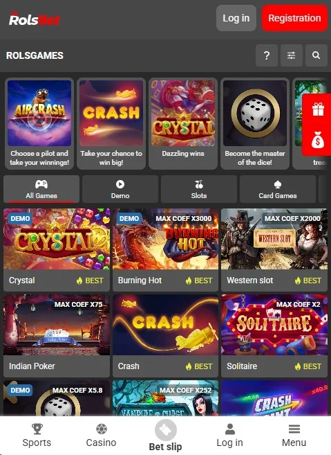 скриншот интерфейса раздела казино в мобильном приложении Rolsbet