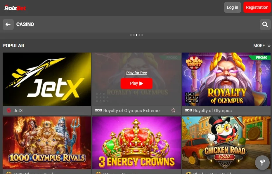 скриншот интерфейса страницы казино на сайте Rolsbet Кыргызстан