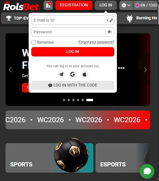 Rolsbet-ке кирүү терезесинин интерфейсинин скриншоту