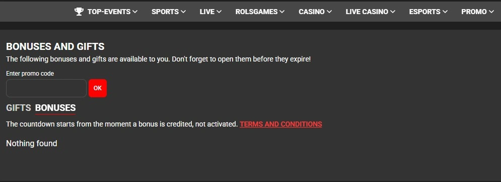 Rolsbet-ке каттоодо промокодду киргизүү терезесинин скриншоту